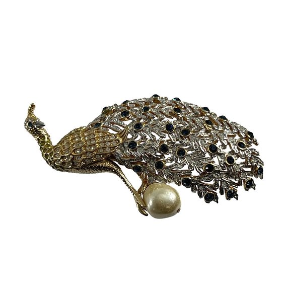 Vintage Nolan Miller Blue Clear Crystal Peacock Brooch Pin Gold Tone Faux Pearl